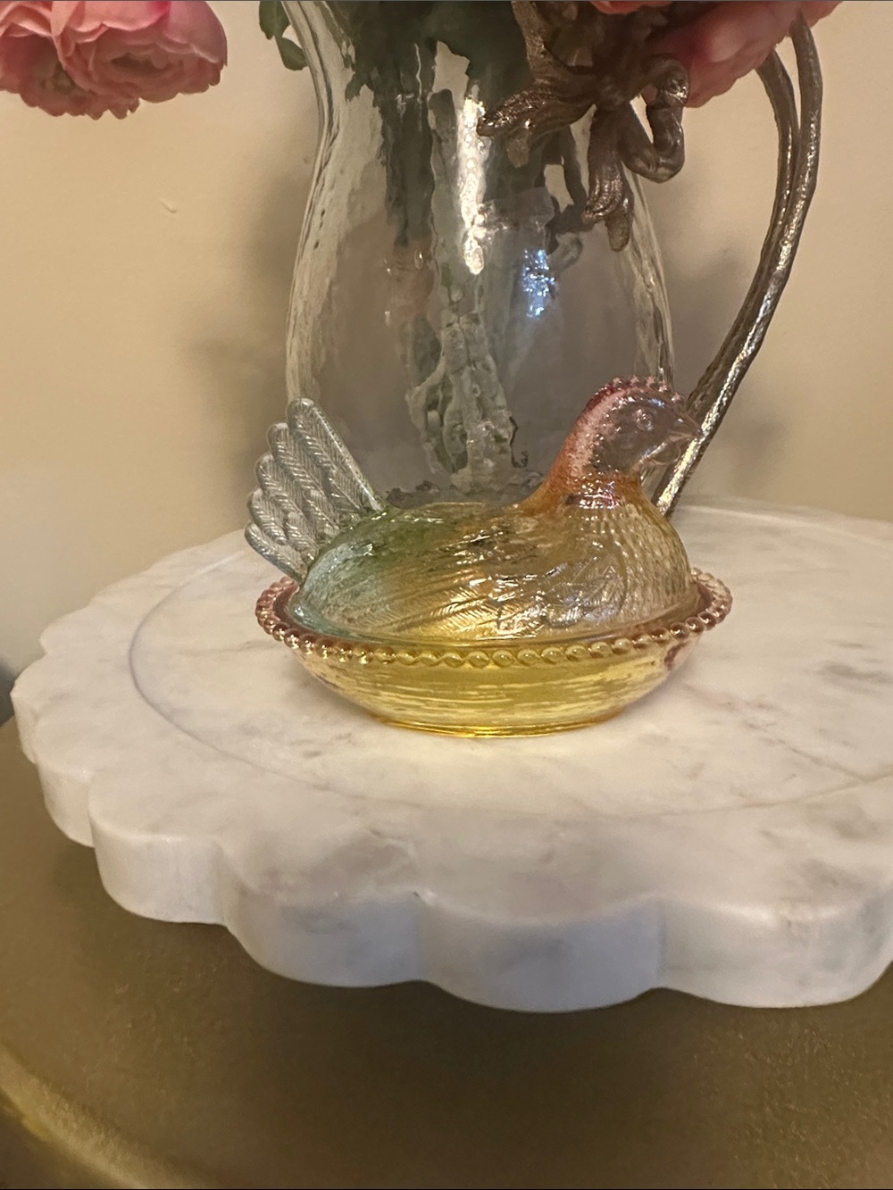 Iridescent Glass Bird Trinket Dish in Yellow, Pink & Green